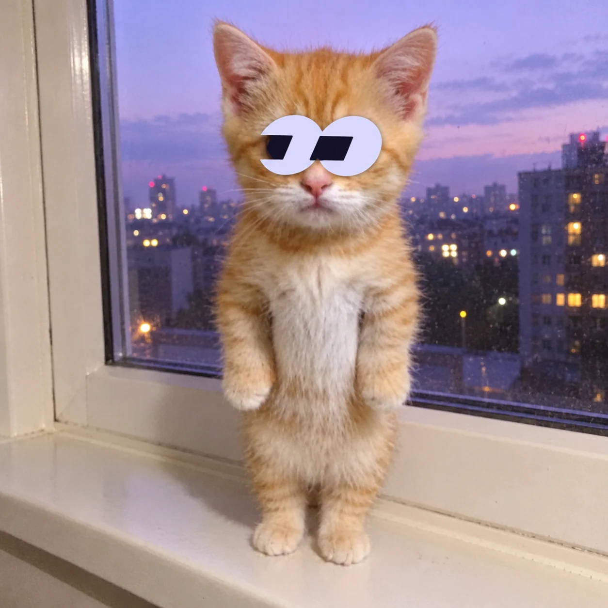 El Gato standing at a window, watching the city at dusk